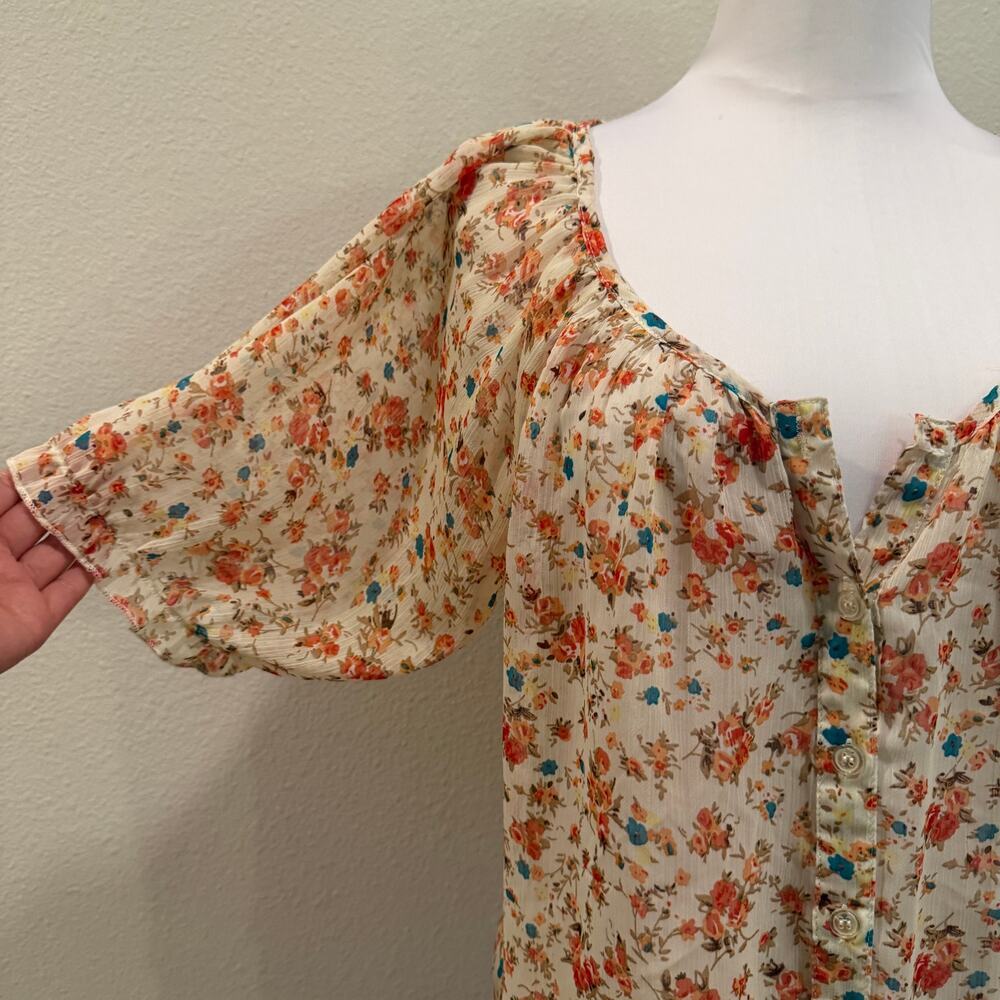 Poetry Sheer Floral Tie Front Peasant Blouse Boho Cottagecore Medium Coquette - Picture 6 of 10